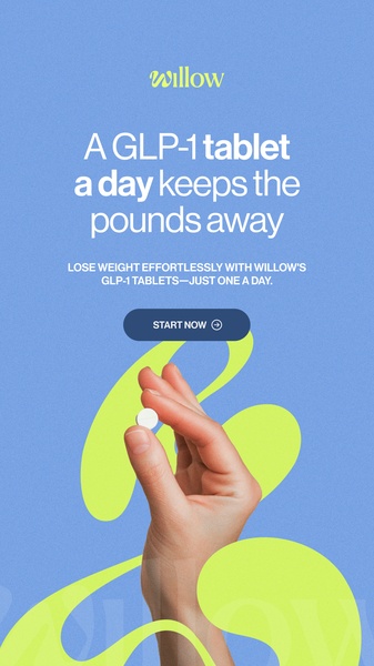 A vertically oriented advertisement featuring a single GLP-1 tablet held between fingers against a vibrant blue and neon green background.